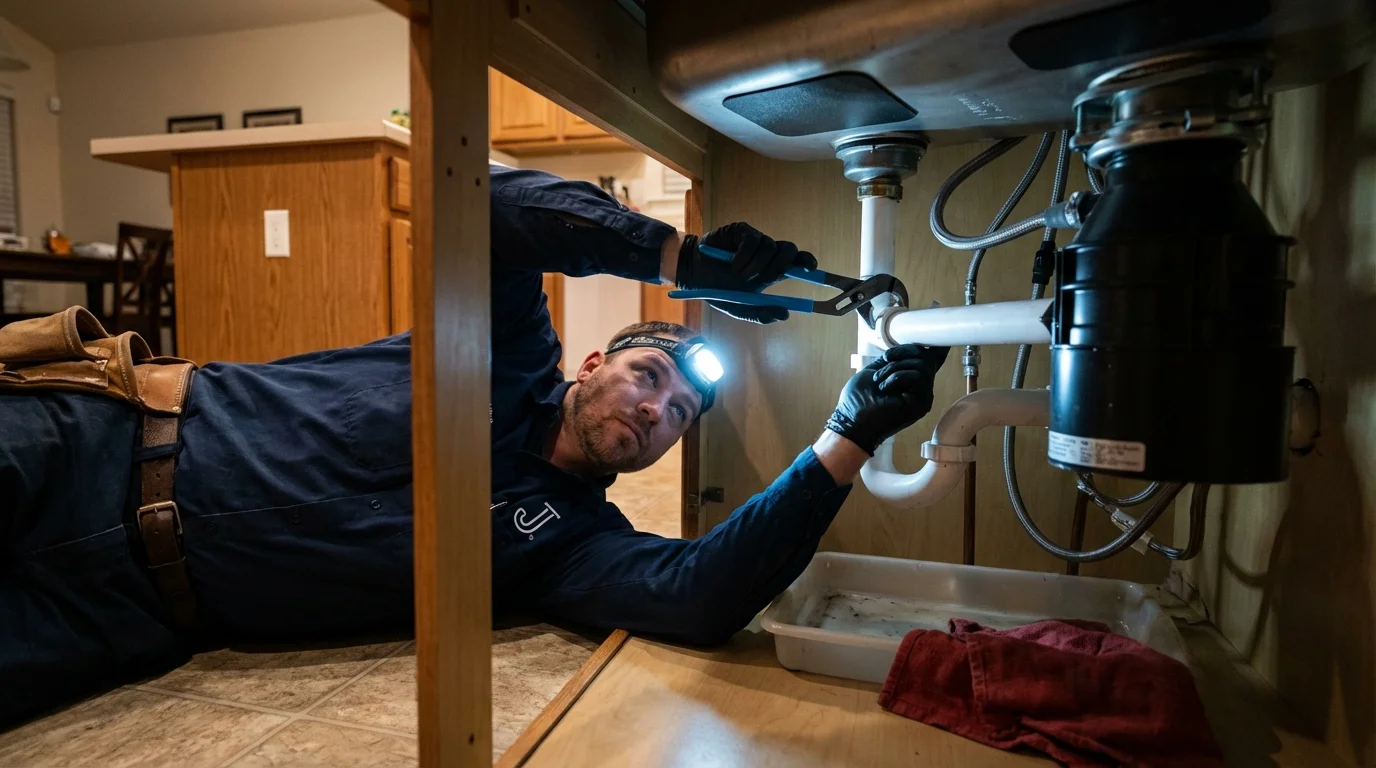 P-trap and supply line connections under a kitchen sink showing a common leak point in Fort Pierce, FL